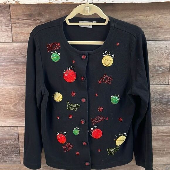 CORAL BAY Women’s Button Up Christmas Holiday Applique Bling Sweater Size Large - Picture 2 of 8